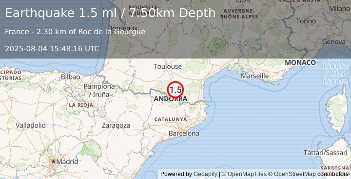 Earthquake PYRENEES (1.5 ml) (2025-08-04 15:48:16 UTC)