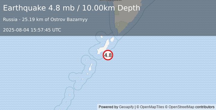 Earthquake KURIL ISLANDS (4.8 mb) (2025-08-04 15:57:45 UTC)