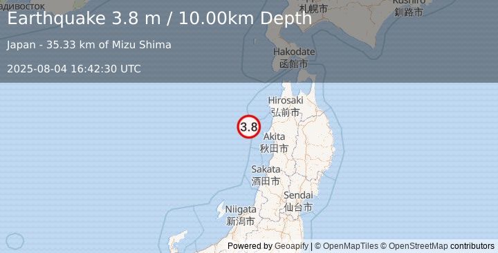 Earthquake NEAR WEST COAST OF HONSHU, JAPAN (3.8 m) (2025-08-04 16:42:30 UTC)