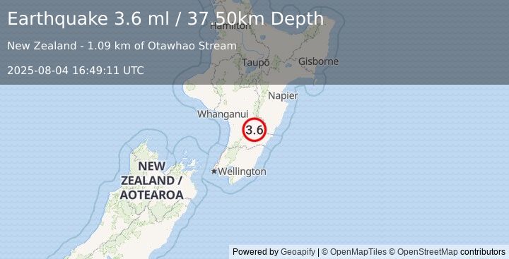 Earthquake NORTH ISLAND OF NEW ZEALAND (3.6 ml) (2025-08-04 16:49:11 UTC)