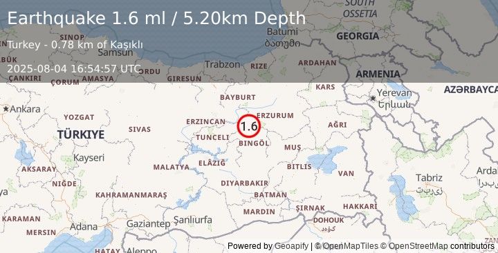 Earthquake EASTERN TURKEY (1.6 ml) (2025-08-04 16:54:57 UTC)