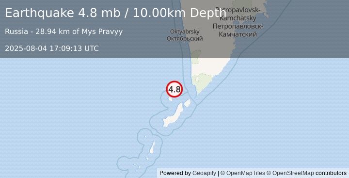 Earthquake NORTHWEST OF KURIL ISLANDS (4.8 mb) (2025-08-04 17:09:13 UTC)