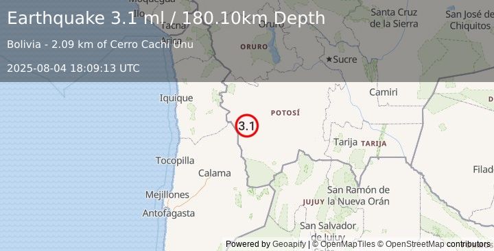 Earthquake POTOSI, BOLIVIA (3.1 ml) (2025-08-04 18:09:13 UTC)