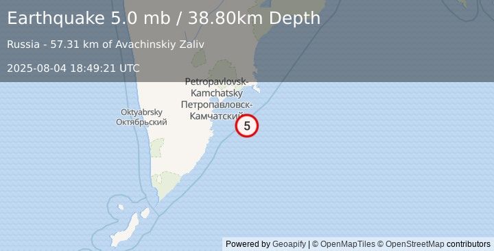 Earthquake OFF EAST COAST OF KAMCHATKA (5.0 mb) (2025-08-04 18:49:21 UTC)