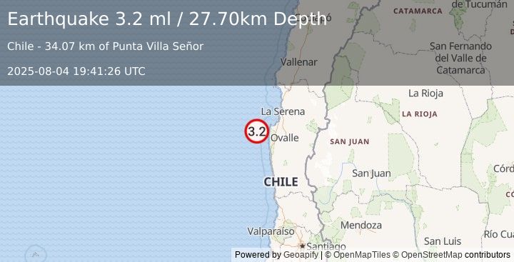 Earthquake OFFSHORE COQUIMBO, CHILE (3.2 ml) (2025-08-04 19:41:26 UTC)