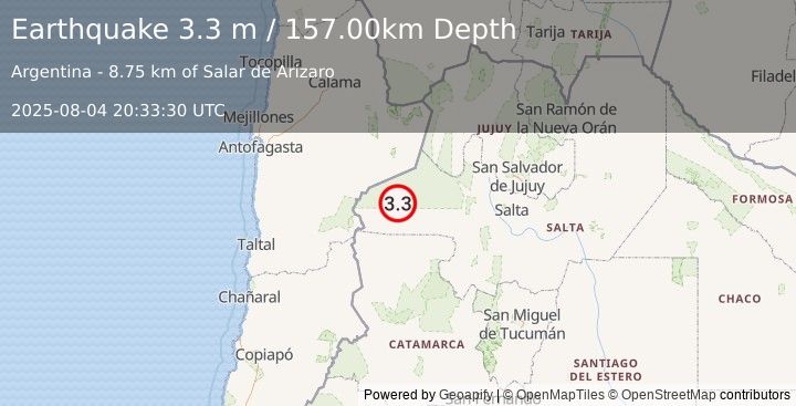 Earthquake SALTA, ARGENTINA (3.3 m) (2025-08-04 20:33:30 UTC)