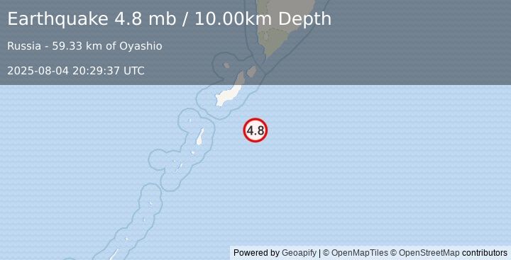 Earthquake KURIL ISLANDS (4.8 mb) (2025-08-04 20:29:37 UTC)