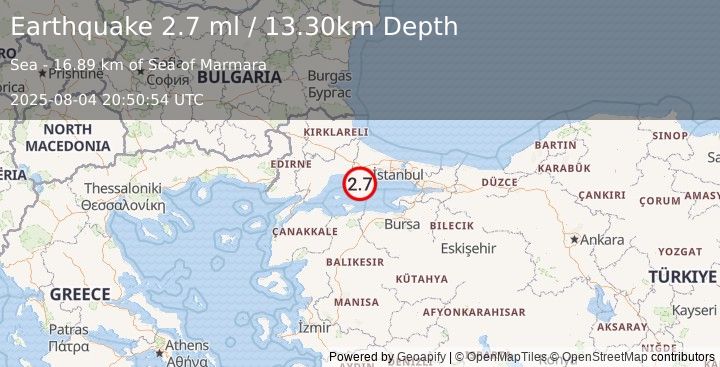 Earthquake WESTERN TURKEY (2.7 ml) (2025-08-04 20:50:54 UTC)