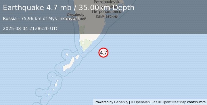Earthquake EAST OF KURIL ISLANDS (4.7 mb) (2025-08-04 21:06:20 UTC)