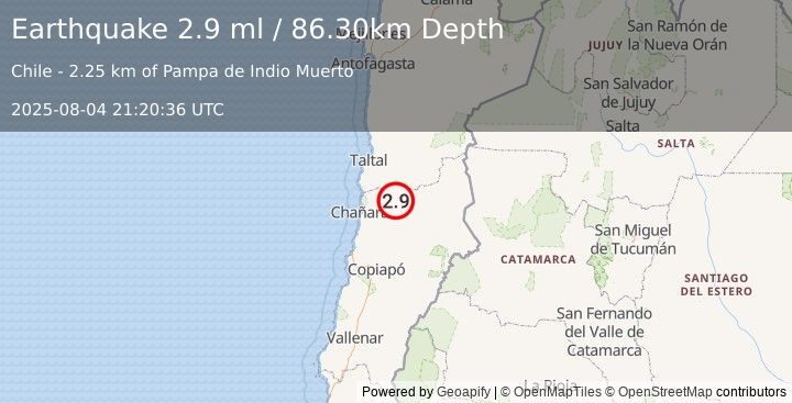 Earthquake ATACAMA, CHILE (2.9 ml) (2025-08-04 21:20:36 UTC)