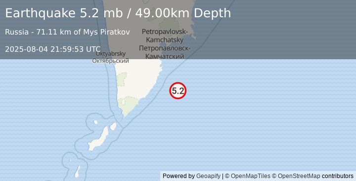 Earthquake OFF EAST COAST OF KAMCHATKA (5.0 mb) (2025-08-04 21:59:45 UTC)