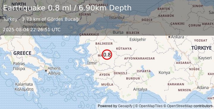 Earthquake WESTERN TURKEY (0.8 ml) (2025-08-04 22:26:51 UTC)