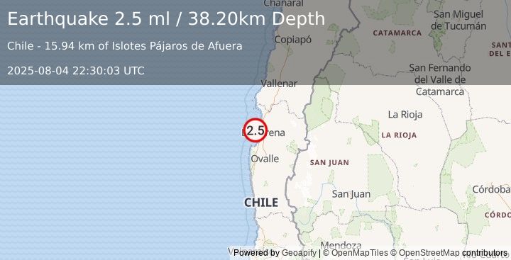 Earthquake OFFSHORE COQUIMBO, CHILE (2.5 ml) (2025-08-04 22:30:03 UTC)