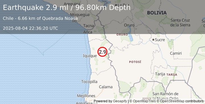 Earthquake TARAPACA, CHILE (2.9 ml) (2025-08-04 22:36:20 UTC)