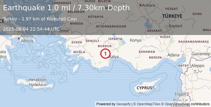 Earthquake WESTERN TURKEY (1.0 ml) (2025-08-04 22:54:44 UTC)