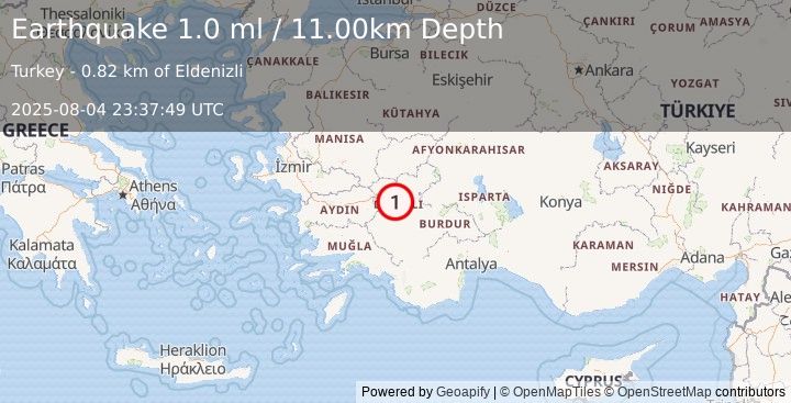 Earthquake WESTERN TURKEY (1.0 ml) (2025-08-04 23:37:49 UTC)