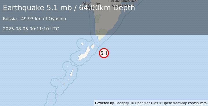 Earthquake KURIL ISLANDS (5.1 mb) (2025-08-05 00:11:11 UTC)