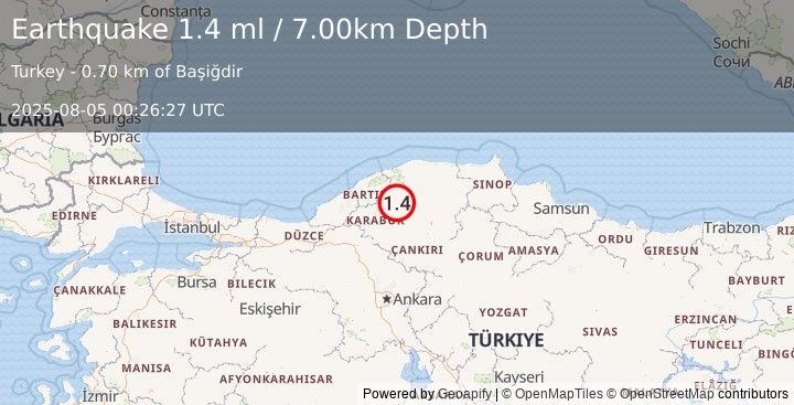 Earthquake CENTRAL TURKEY (1.4 ml) (2025-08-05 00:26:27 UTC)