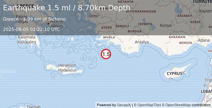 Earthquake DODECANESE IS.-TURKEY BORDER REG (1.5 ml) (2025-08-05 01:22:10 UTC)