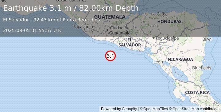 Earthquake OFF THE COAST OF EL SALVADOR (3.1 m) (2025-08-05 01:55:54 UTC)