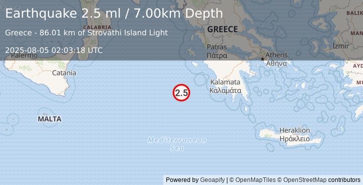 Earthquake CENTRAL MEDITERRANEAN SEA (2.5 ml) (2025-08-05 02:03:18 UTC)