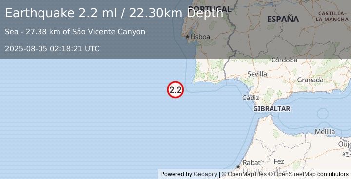 Earthquake WEST OF GIBRALTAR (2.2 ml) (2025-08-05 02:18:21 UTC)