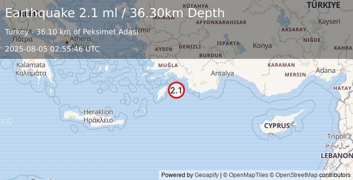Earthquake DODECANESE IS.-TURKEY BORDER REG (2.1 ml) (2025-08-05 02:55:46 UTC)