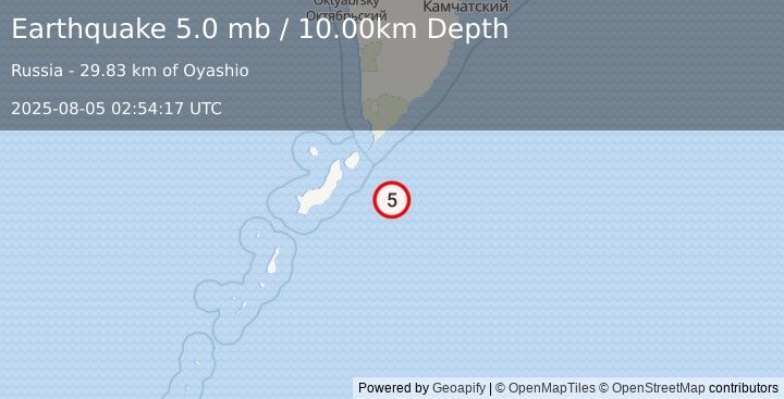 Earthquake KURIL ISLANDS (5.0 mb) (2025-08-05 02:54:17 UTC)