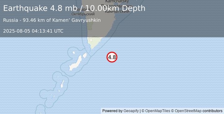 Earthquake EAST OF KURIL ISLANDS (4.8 mb) (2025-08-05 04:13:41 UTC)