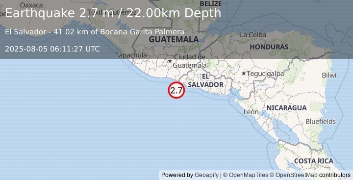 Earthquake OFFSHORE EL SALVADOR (2.7 m) (2025-08-05 06:11:27 UTC)