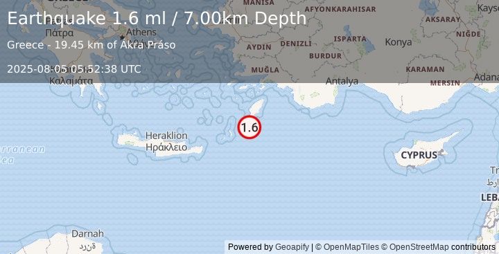 Earthquake DODECANESE ISLANDS, GREECE (1.6 ml) (2025-08-05 05:52:38 UTC)