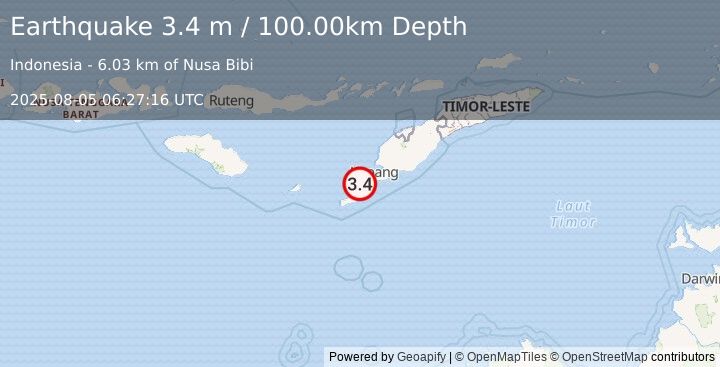 Earthquake TIMOR REGION, INDONESIA (3.4 m) (2025-08-05 06:27:16 UTC)