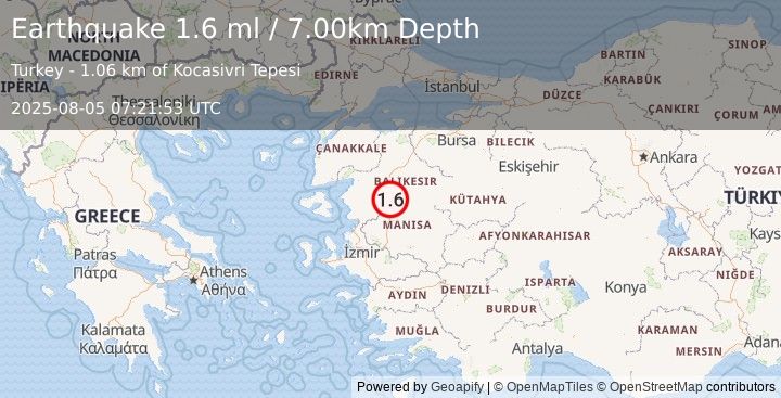 Earthquake WESTERN TURKEY (1.6 ml) (2025-08-05 07:21:53 UTC)