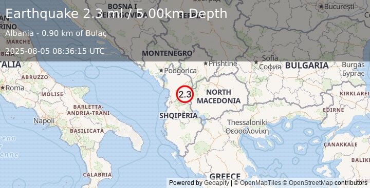 Earthquake ALBANIA (2.5 ml) (2025-08-05 08:36:13 UTC)