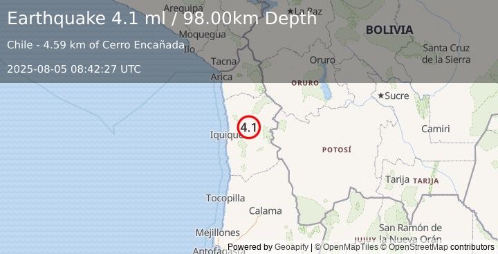 Earthquake TARAPACA, CHILE (4.1 ml) (2025-08-05 08:42:28 UTC)