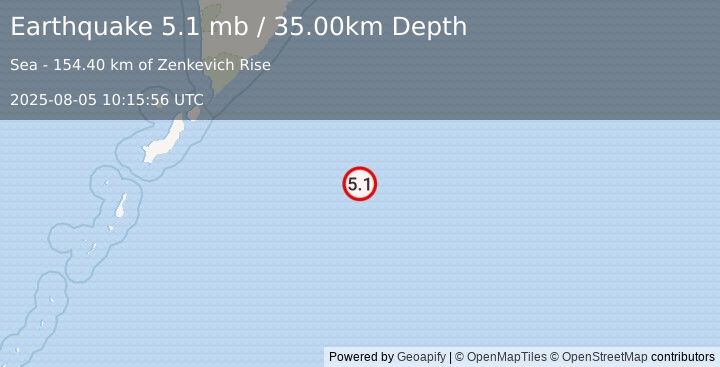 Earthquake EAST OF KURIL ISLANDS (5.0 mb) (2025-08-05 10:15:51 UTC)
