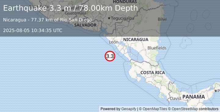 Earthquake NEAR COAST OF NICARAGUA (3.3 m) (2025-08-05 10:34:35 UTC)