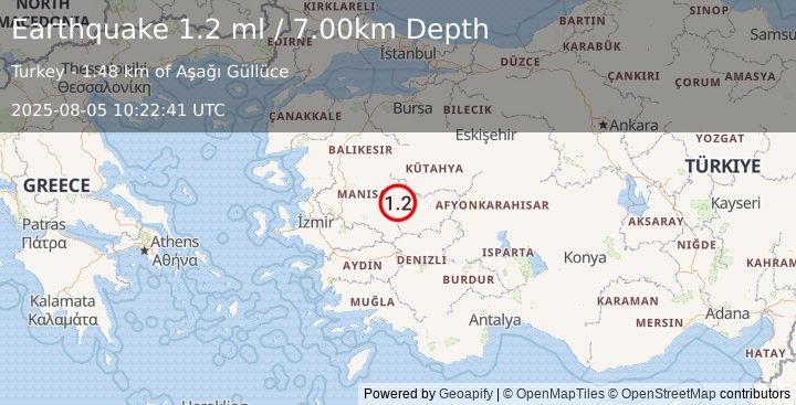 Earthquake WESTERN TURKEY (1.2 ml) (2025-08-05 10:22:41 UTC)