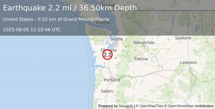 Earthquake WASHINGTON (2.2 ml) (2025-08-05 11:10:46 UTC)