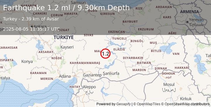 Earthquake EASTERN TURKEY (1.2 ml) (2025-08-05 11:35:17 UTC)