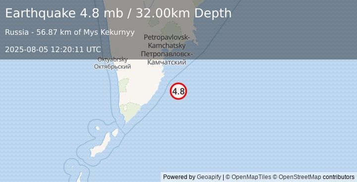 Earthquake OFF EAST COAST OF KAMCHATKA (4.8 mb) (2025-08-05 12:20:11 UTC)