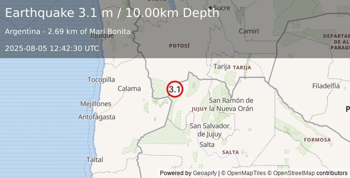 Earthquake JUJUY, ARGENTINA (3.1 m) (2025-08-05 12:42:30 UTC)