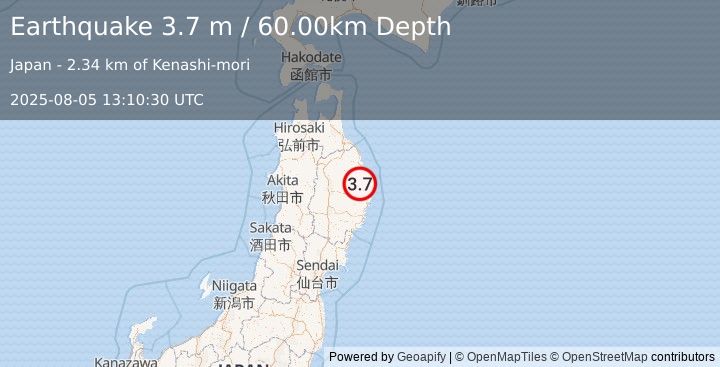 Earthquake EASTERN HONSHU, JAPAN (3.7 m) (2025-08-05 13:10:30 UTC)