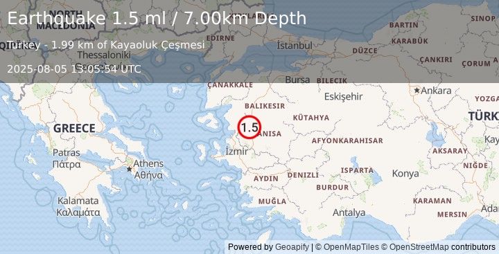 Earthquake WESTERN TURKEY (1.5 ml) (2025-08-05 13:05:54 UTC)