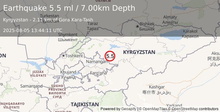 Earthquake KYRGYZSTAN (5.1 mb) (2025-08-05 13:44:09 UTC)