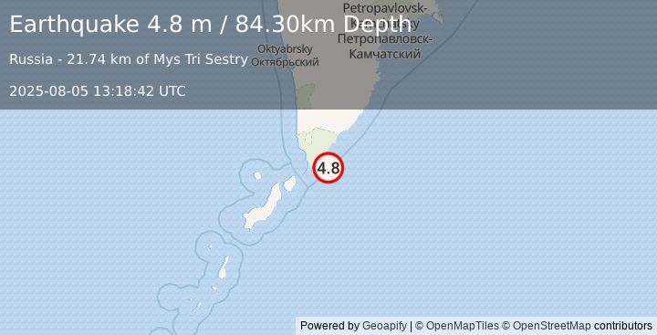 Earthquake NEAR EAST COAST OF KAMCHATKA (4.8 m) (2025-08-05 13:18:39 UTC)