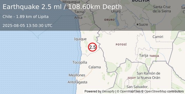 Earthquake TARAPACA, CHILE (2.5 ml) (2025-08-05 13:50:30 UTC)