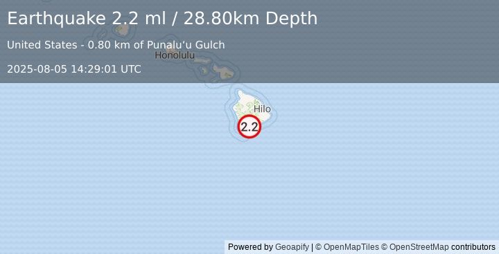 Earthquake ISLAND OF HAWAII, HAWAII (2.2 ml) (2025-08-05 14:29:01 UTC)