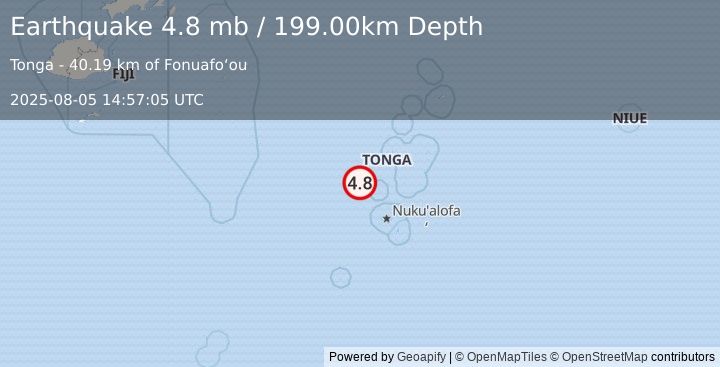 Earthquake TONGA (4.8 mb) (2025-08-05 14:57:05 UTC)