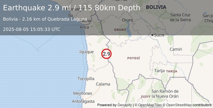 Earthquake POTOSI, BOLIVIA (2.9 ml) (2025-08-05 15:05:33 UTC)